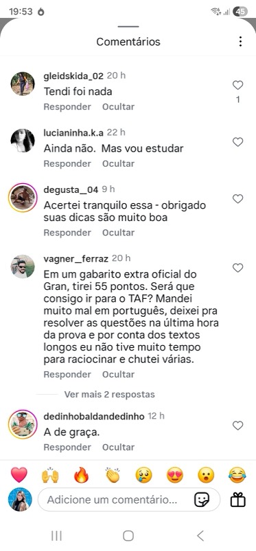 Tirou 55 pontos em gabarito do Gran (Instagram)